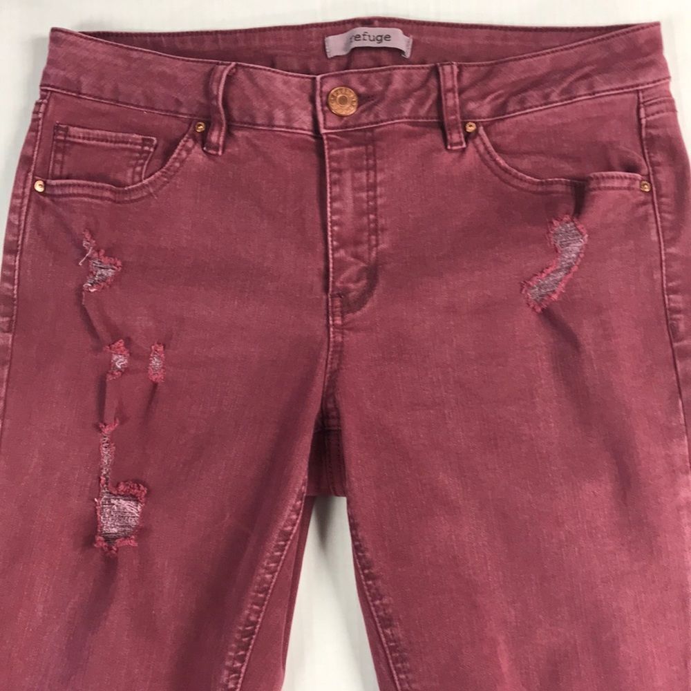 REFUGE Distressed Burgundy Maroon‎ Skinny Jeans Womens Sz 8 Ripped Stretch Denim